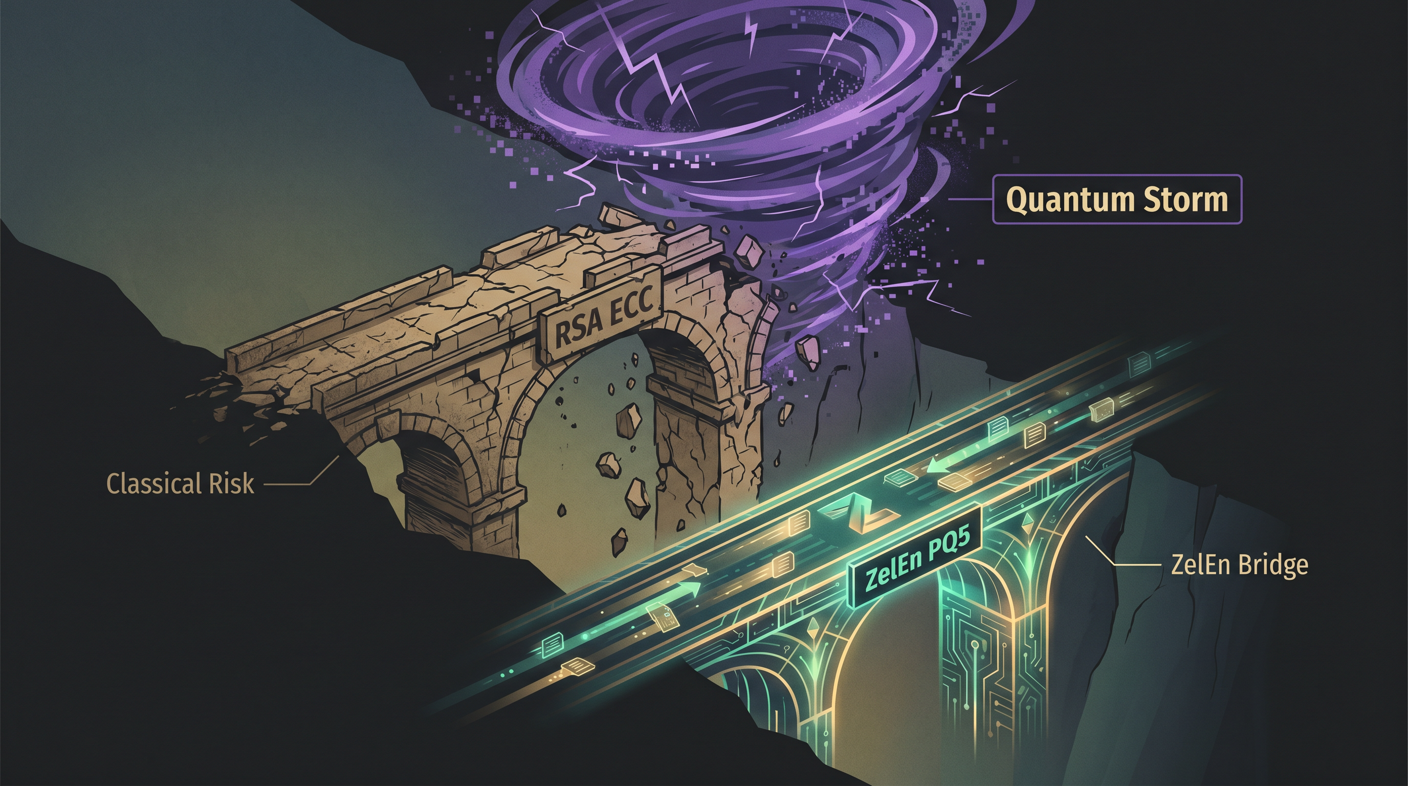 ZelEn PQ5 bridge carrying protected data past RSA and ECC quantum risk